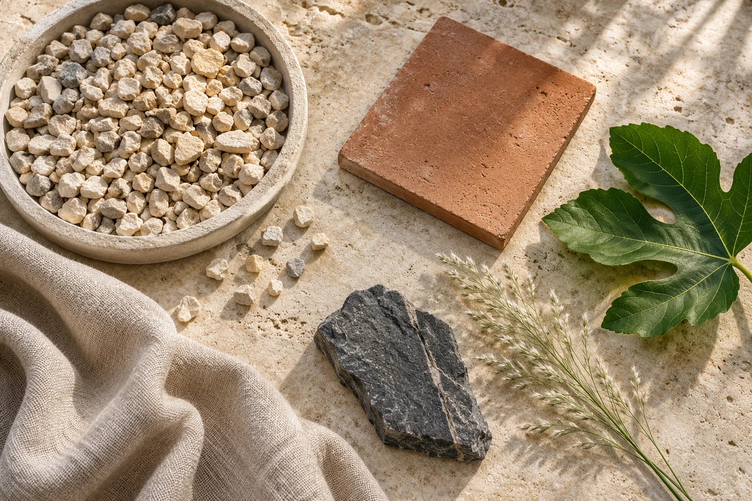 Composition illustrative de matières et textures pour un jardin.